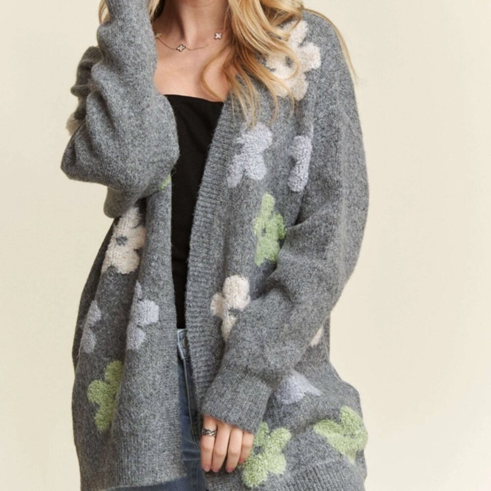 Women's Floral Two-Tone Cardigan with Pockets